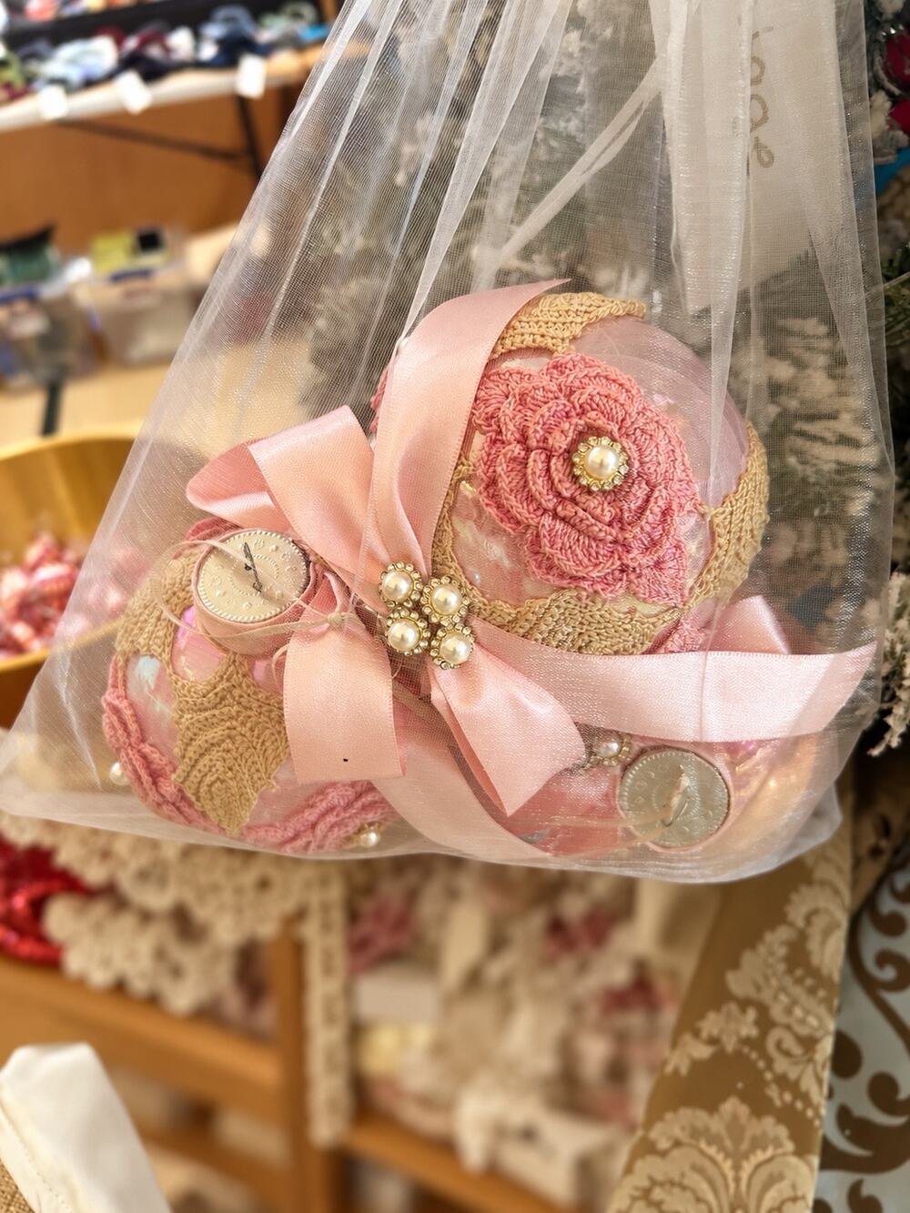 Set of 3 Handmade Vintage Doily Christmas Ornaments Pink Pearl Floral